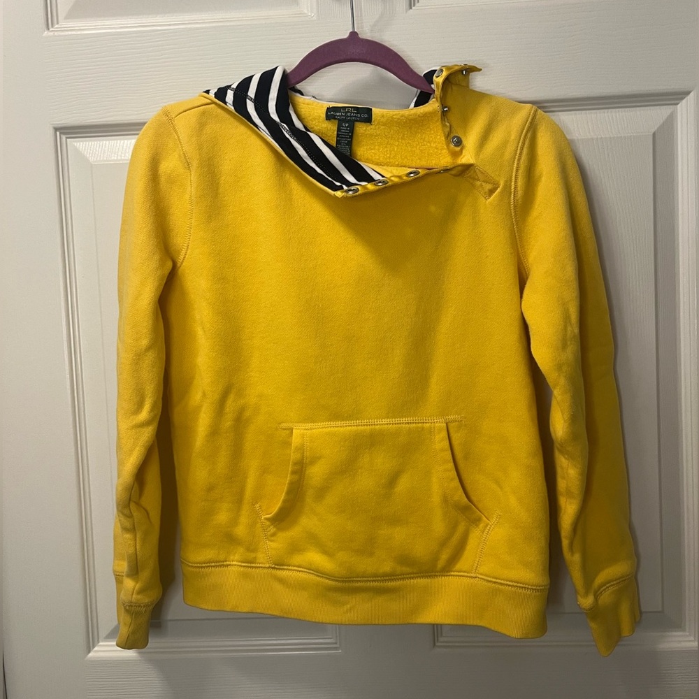 Ralph Lauren Women’s Yellow Hoodie with Stripes and Snap Collar. Sz Sm P